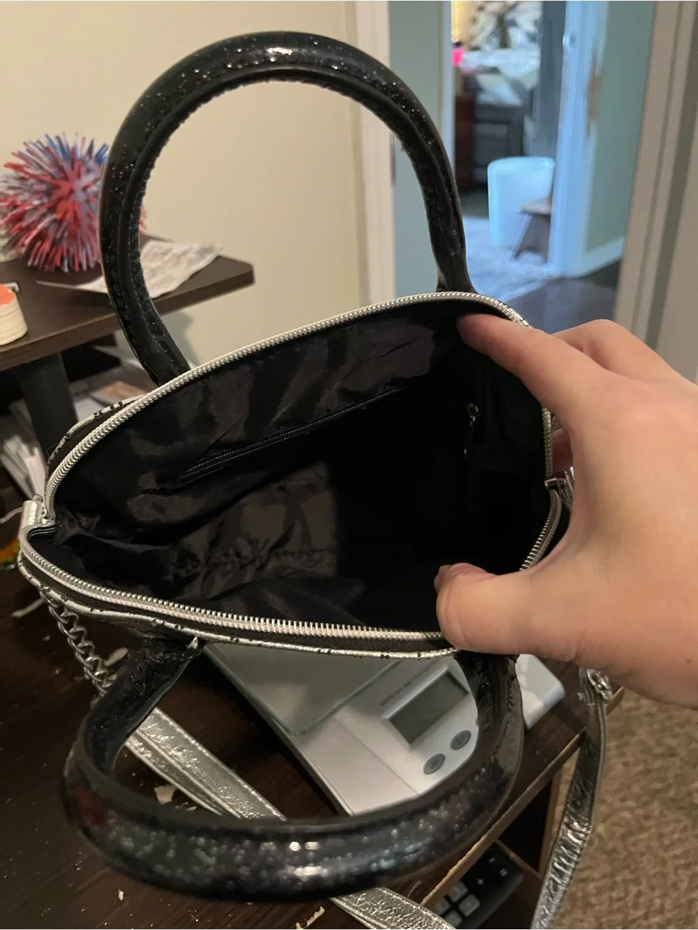 Justice Silver Metallic Heart-Print Satchel with Black Handles